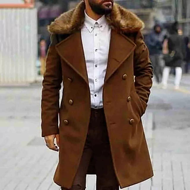 Men Faux Woolen Long Jacket Fur Collar Trench Coat Thick Double Breasted Outwear