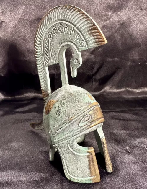 Ancient Greek Spartan Bronze Helmet with Serpent Crest Museum Replica Sculpture