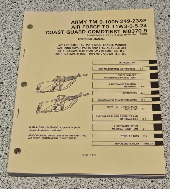 Army TM 9-1005-249-23P Air Force TO 11W3-5-5-24 M8370.9 M16 M16A1 Manual 1991