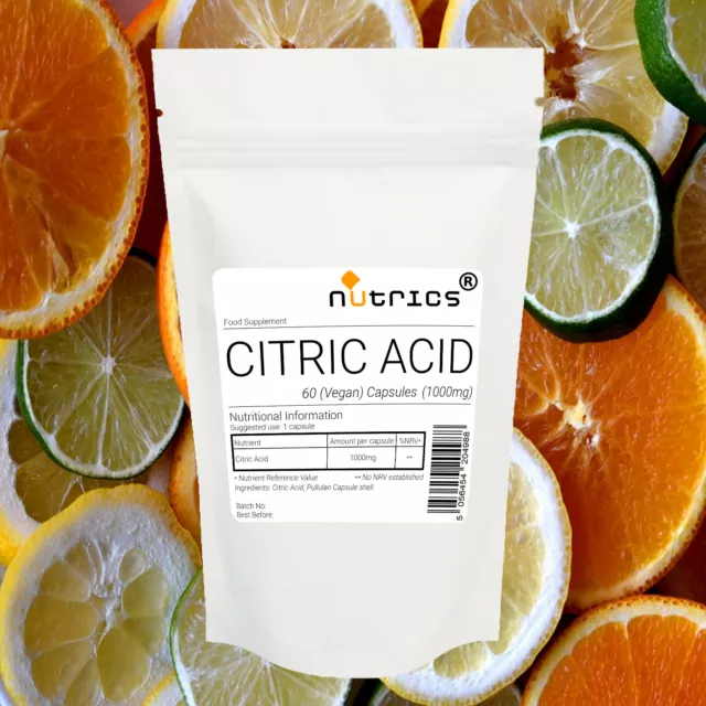 Nutrics® CITRIC ACID 1000mg x 60 Vegan Capsules 100% Pure