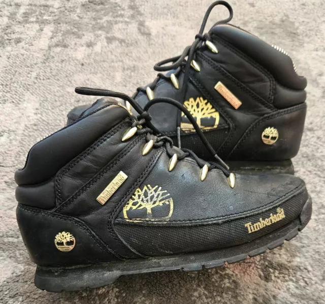 Boys Timberland Leather Euro Sprint Winter Boots Black & Gold Size UK 4