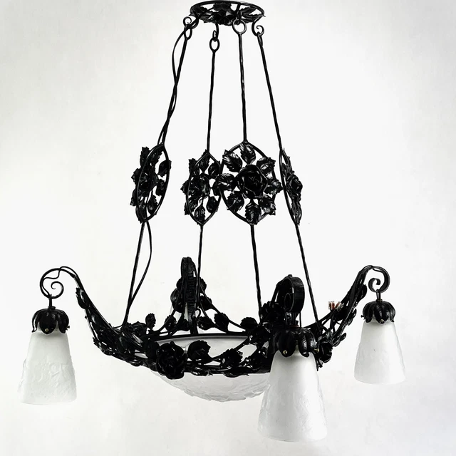 Art Deco Chandelier Hanging Lamp Muller Freres Lunéville Wrought Iron To 1930