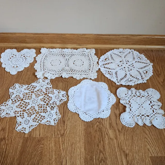 Vintage Doilies Crocheted Lot Of 6 White Square Round Heart Rectangle