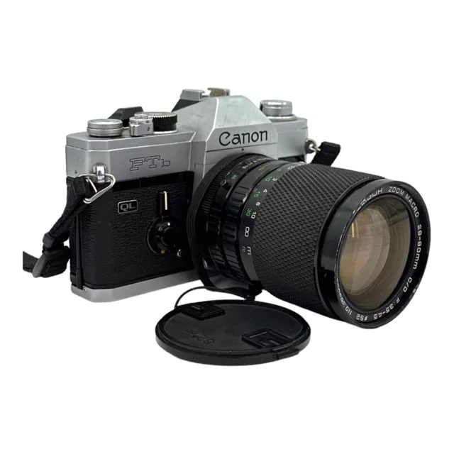 Canon FTb QL 35mm Black Film Camera w/ Soligor 28-80mm Zoom Macro Lens Untested