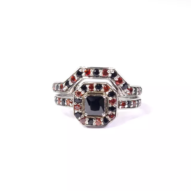 Halo Fiançailles Bague Parure Mariage Gothique Bijoux Onyx Noir Et Grenat Rouge