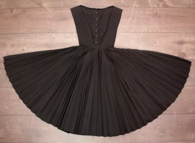 Vtg 50s Black Cotton Sleeveless Dress W/ Accordion Pleated Skirt 1950s XXS