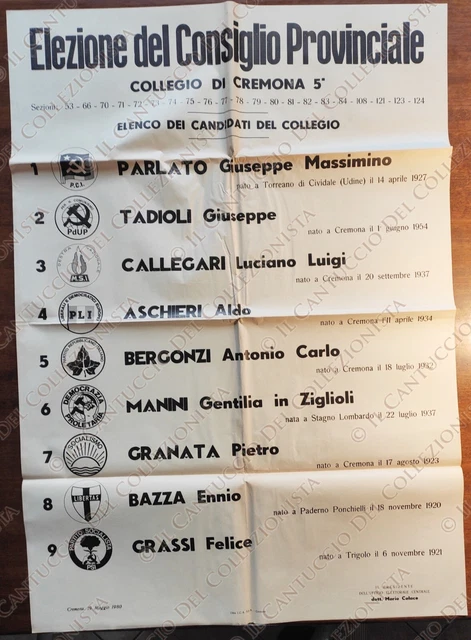 1980 Cremona Elezione Consiglio Provinciale Collegio 5 lista Candidati manifesto