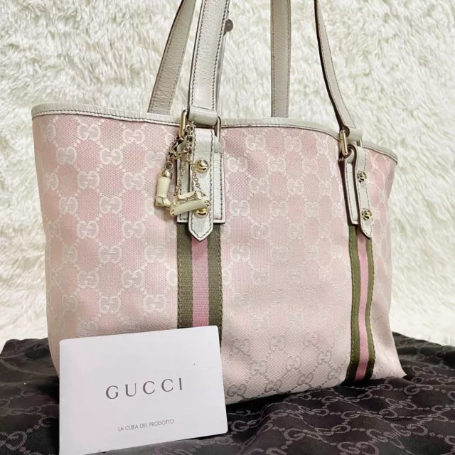 GUCCI pink Sherry Line Hand Tote Bag Handbag With charm GG Canvas Leather Used
