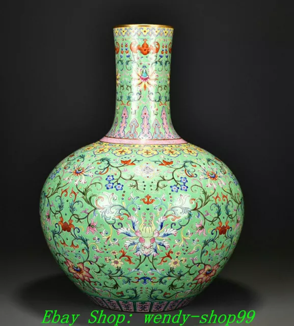 20" Qianlong Marked Green Glaze Colour Enamel Porcelain Gilt Pattern Vase Bottle