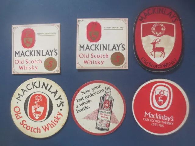 6 different  MACKINLAY,S 1960,s & 1970,s SCOTCH WHISKY collectable COASTERS