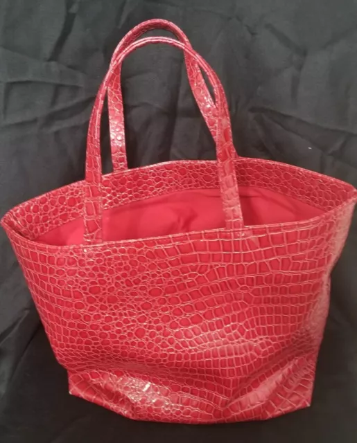 BATH and BODY WORKS Large Tote Bag Faux Leather Croc Travel Duffel Purse RED