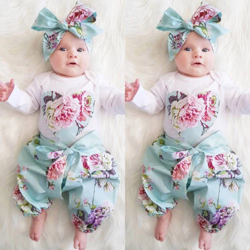 Newborn Infant Baby Girls Clothes Romper Tops Floral Pants Headband Outfit Set
