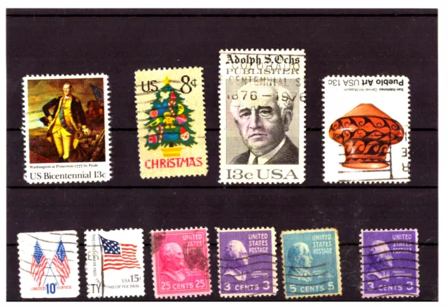 10   verschiedene  Briefmarken „ USA " gelistet,  gestempelt  + mit  Steckkarte