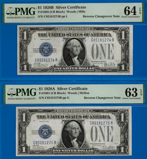1928B 1928A $1 Silver Certificate  PMG 64EPQ reverse changeover Fr 1602/Fr 1601