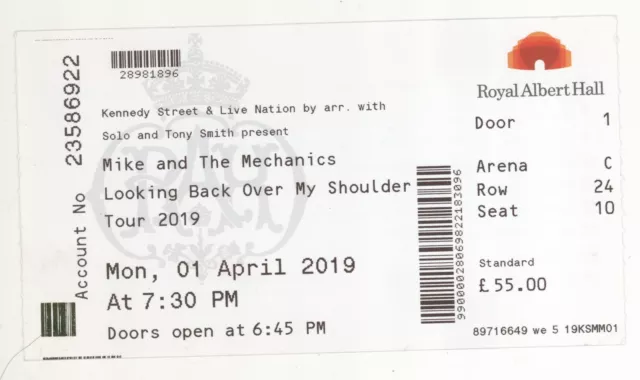 Mike and the Mechanics 4/1/19 London UK Ticket Stub! Genesis + Rutherford