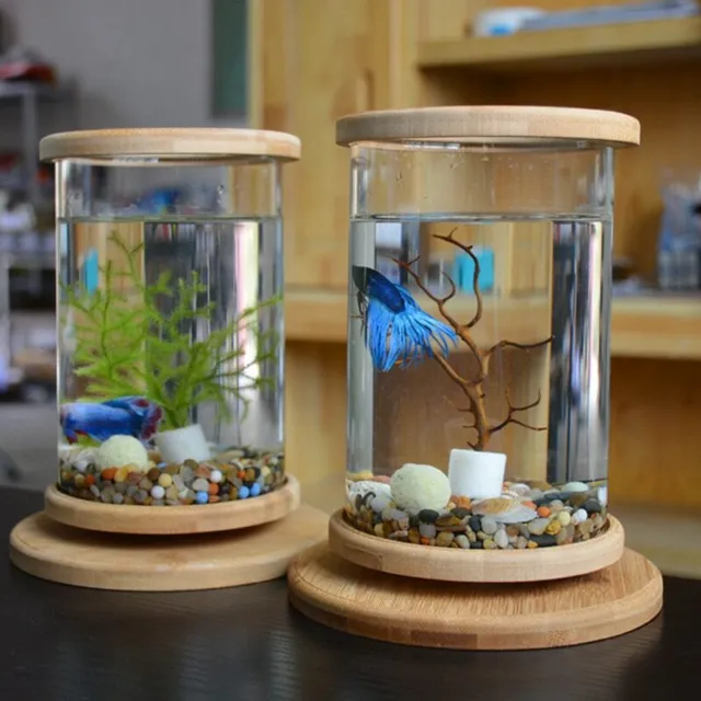 Bamboo Base Fish Tank Aquarium Accessories Mini Fish Tank Home Decoration Glass