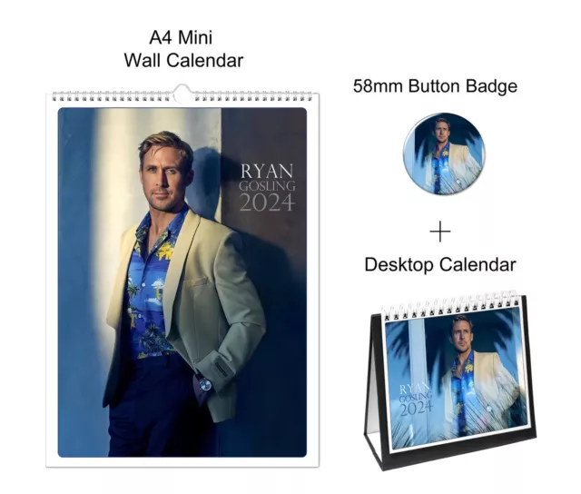 RYAN GOSLING 2024 A4 Wall + Desktop Calendar + Pin Button Badge 19.99