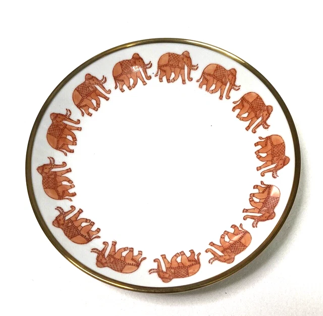 Vtg Horchow Hong Kong Decorative Porcelain Bowl Elephant Design Encased In Brass