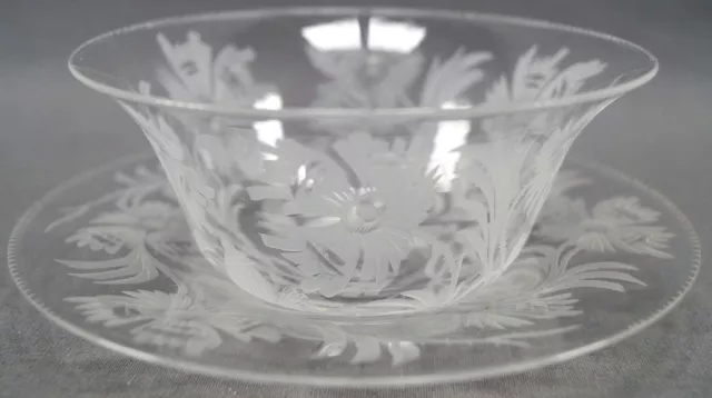 Signed Libbey Gravic Intaglio Cut Poppies Glass Finger Bowl & Under Plate