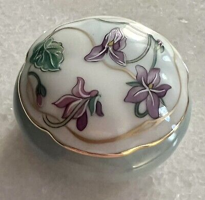 Limoges Castel Fait Main Porcelain Trinket Box +Lid France Purple Iris Green