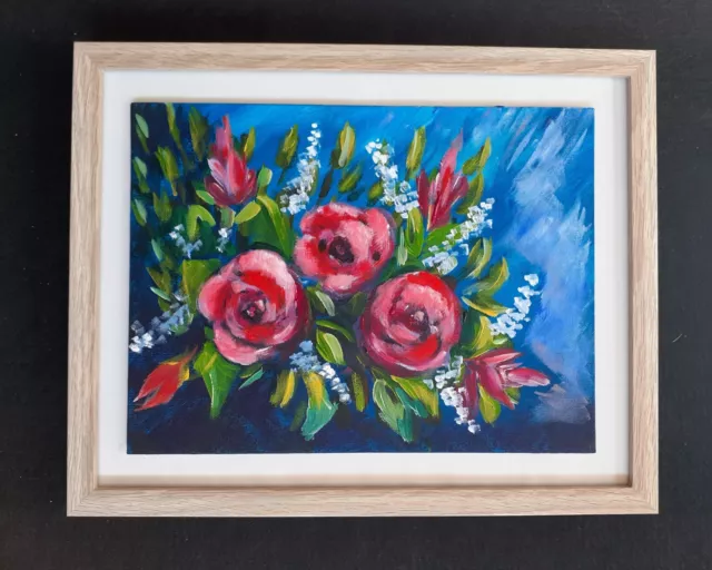 Flowers 9x12" Art Painting Original  Red Rose Acrylic  Impression Deb Waddington