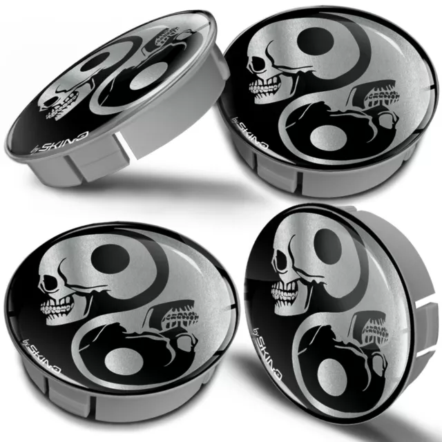 4 x 60mm / 55mm Universal Wheel Hub Cover Center Rim Caps Yin Yang Silver Skull