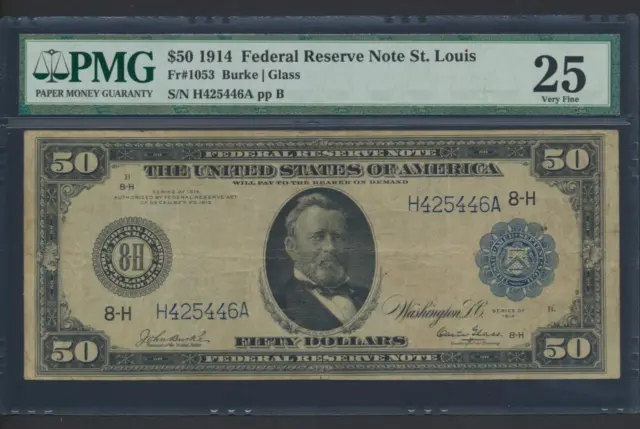 Fr.1053 1914 $50 ST.LOUIS FRN "BURKE-GLASS" PMG VF 25 SUPER RARE COLLECTIBLE