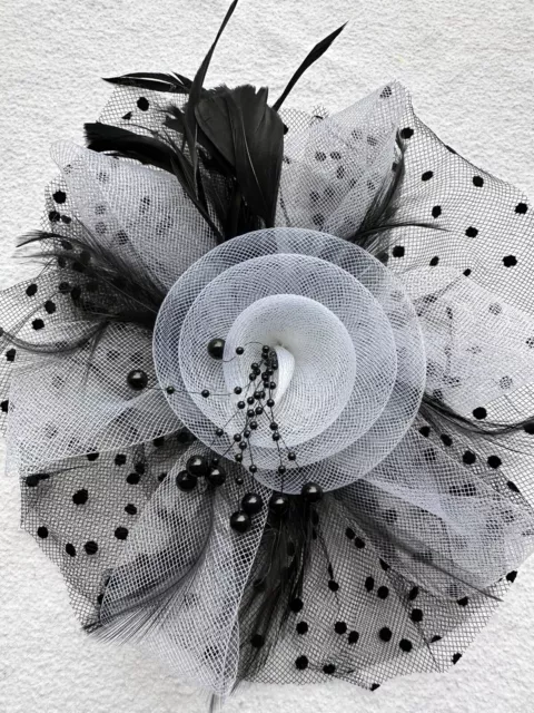 Black/White Feather Mesh Fascinator Hat Clip/Band Wedding Tea Cocktail Party 3