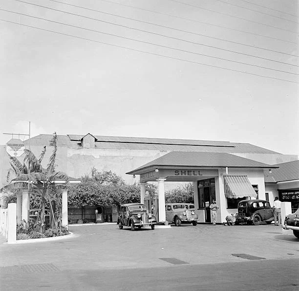 CARS AT THE Shell Gas Station In Jamaica 1946 Kingston Jamaica OLD