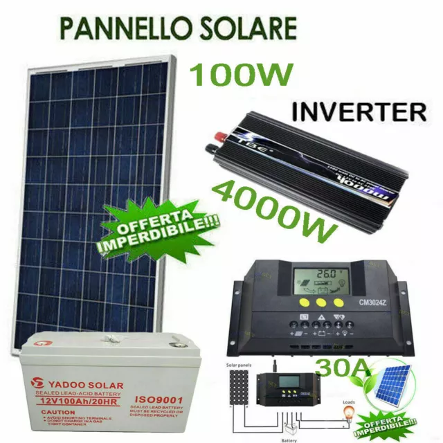 Kit Fotovoltaico Pannello Energia Solare 1Kw Giornaliero Inverter 4000W Batteria