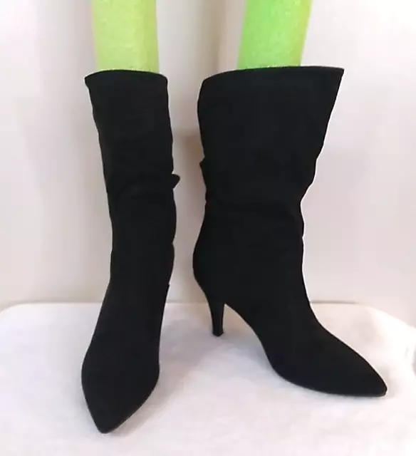 WOMEN'S SUEDE BOOTS Black High Heel Slip On Dress Boot Mid Calf US Size ...