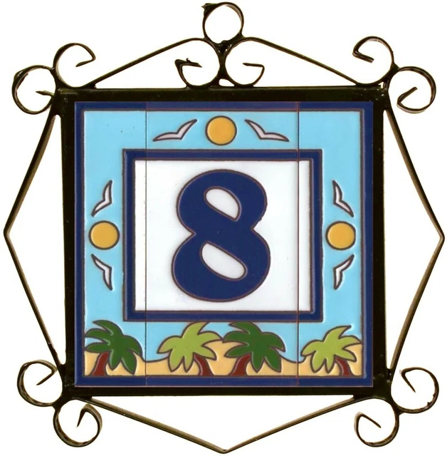Hand-painted 6" x 3" 15cm x 7.5cm Spanish Beach Design Ceramic Door Number Tiles