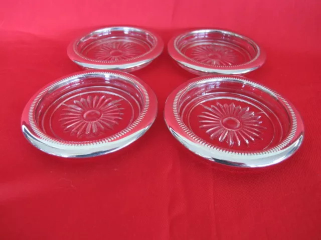 Set Of 4 Silver Plate Starburst Glass Elegant Coasters 2