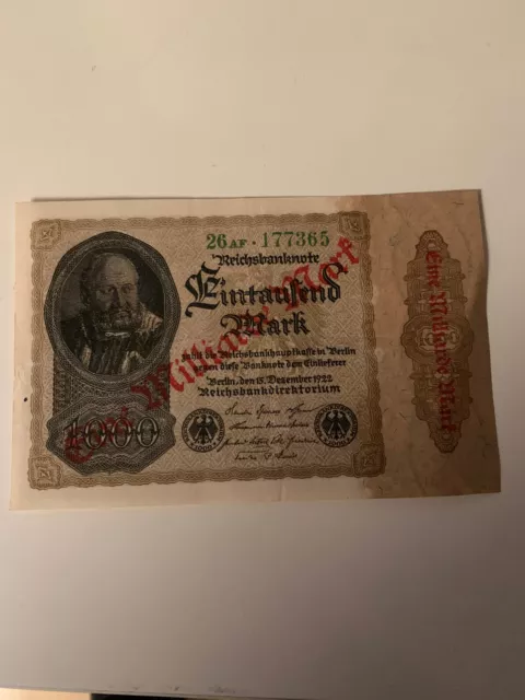 Reichsbanknote 1 Milliarde Mark 15.12.1922 gestempelt auf 100.000 Mark Schein