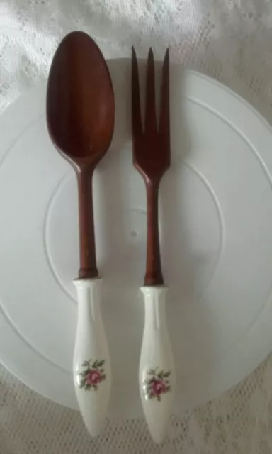 Vintage Decorative Ceramic & Dark Wood Rose Floral Spoon & Fork Salad Servers