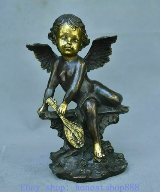 10.8" Old Chinese Bronze Gilt Feng Shui west Cupid Angel Hold Pipa Statue