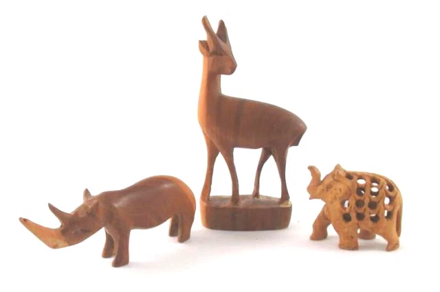 Lot Of 3 African Animal Carved Wood Figurines Antelope Rhinoceros Elephant