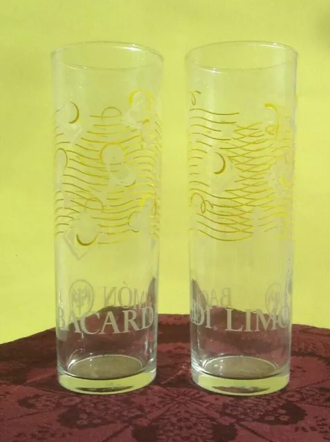 Bacardi Rum Limon Cocktail Collins 7 Inch Tall 2 Glasses Etched Design Pair
