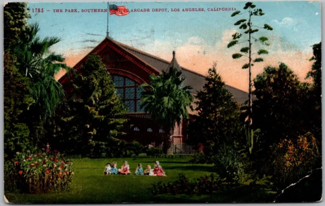 C5 Postcard  The Park Southern Pacific Railway Arcade Depot Los Angeles 1910