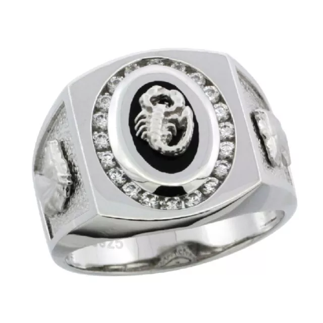 Argent Sterling Homme Onyx Noir Scorpion Bague W / Cz Pierres & Tête de Cheval