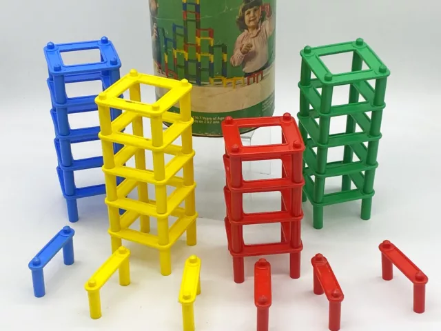 Vintage Ji-Gan-Tiks Creative Tower Building Blocks Toy w Canister & Lid 25 psc 3