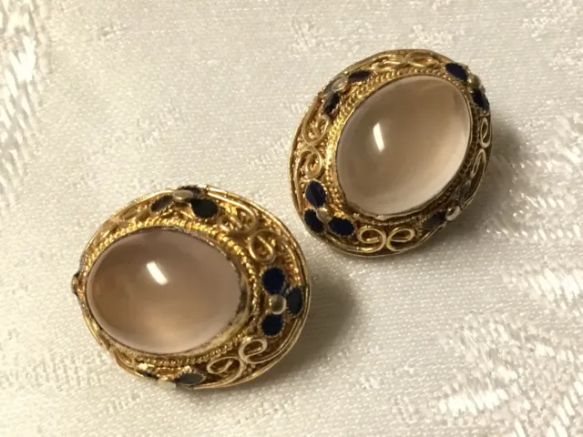 Chinese Sterling Silver Cloisonné EnamelQuartz  Gold Washed Clip On Earrings