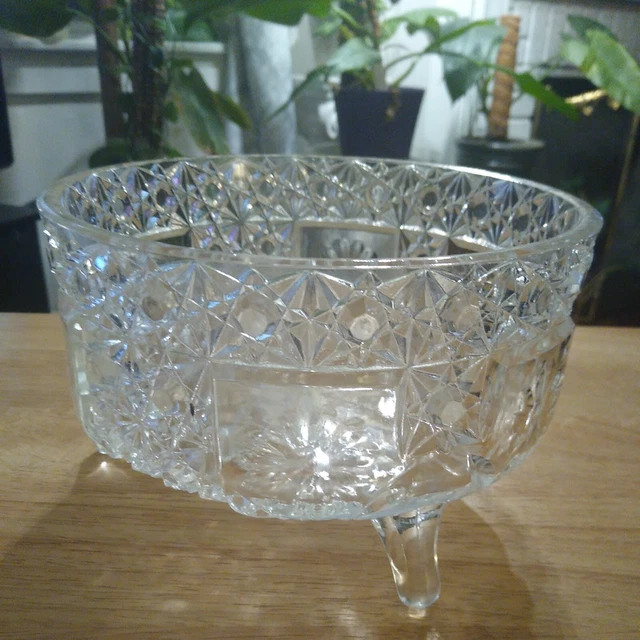 Vintage American Brilliant Cut Glass 3 Footed Antique Heavy Bowl Fan & Hobstar