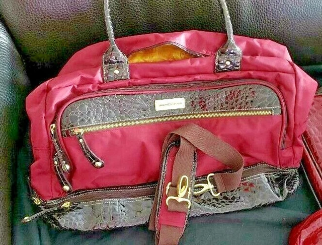 Samantha Brown - Red / Brown Embossed Tote / Weekender 3 Pc Bag Set - New 3