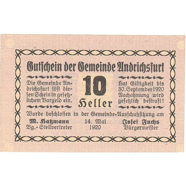 [#287882] Austria, Andrichsfurt, 10 Heller, Texte, 1920, 1920-09-30, UNC, Mehl:F