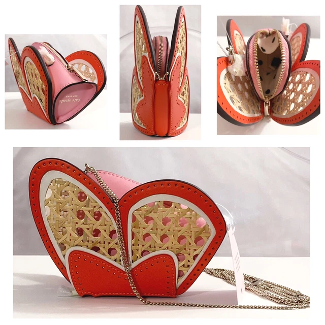 NWT Kate Spade WING IT Leather & Straw Butterfly Gold Chain Coin Purse/Wallet