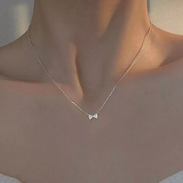 Fashion 925 Silver Filled Bow Pendant Chain Necklace Womens Girls Jewelry Choker