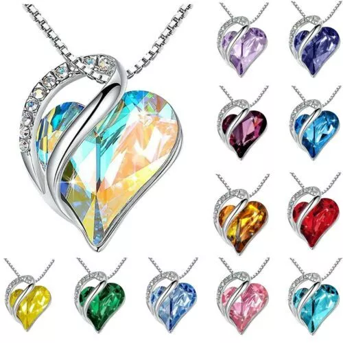 Women Heart Pendant Necklace Birthstone Crystal Jewellery Birthday +Gift Box