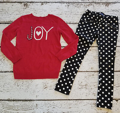CHILDREN'S PLACE 10 Red Christmas Joy Sweater and Black Polka Dot Jeggings EUC