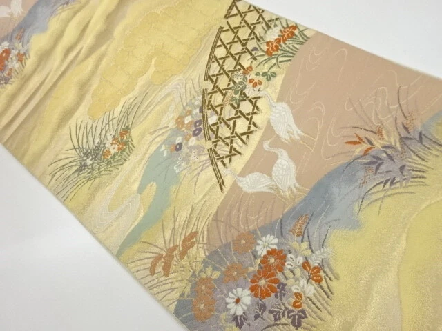 41380# Japanese Kimono / Vintage Fukuro Obi / Woven Stream & Flower